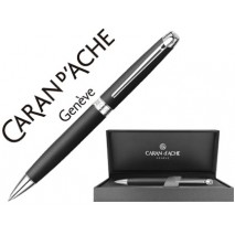 BOLIGRAFO CARAN D'ACHE LEMAN PAVONADO NEGRO ADORNOS CHAPADO PLATEADO RODIADO CON ESTUCHE PUNTA MEDIA