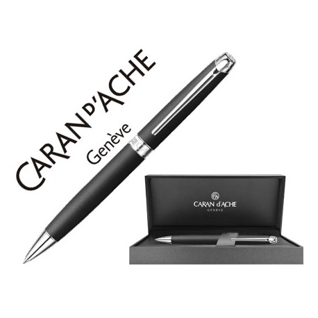 BOLIGRAFO CARAN D'ACHE LEMAN PAVONADO NEGRO ADORNOS CHAPADO PLATEADO RODIADO CON ESTUCHE PUNTA MEDIA