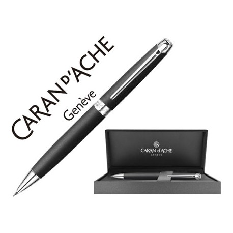 PORTAMINAS CARAN D'ACHE LEMAN 0,7 MM PAVONADO NEGRO ADORNOS CHAPADO PLATEADO RODIADO CON ESTUCHE
