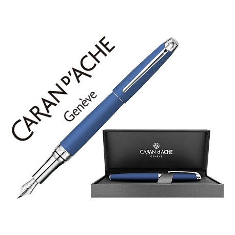 PLUMA CARAN D'ACHE LEMAN PAVONADO AZUL NOCHE ADORNOS CHAPADO PLATEADO RODIADO PLUMIN ORO 18K CON EST