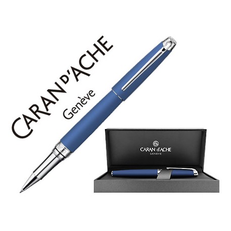 ROLLER CARAN D'ACHE LEMAN PAVONADO AZUL NOCHE ADORNOS CHAPADO PLATEADO RODIADO CON ESTUCHE PUNTA MED