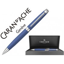 BOLIGRAFO CARAN D'ACHE LEMAN PAVONADO AZUL NOCHE ADORNOS CHAPADO PLATEADO RODIADO CON ESTUCHE PUNTA