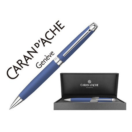 BOLIGRAFO CARAN D'ACHE LEMAN PAVONADO AZUL NOCHE ADORNOS CHAPADO PLATEADO RODIADO CON ESTUCHE PUNTA