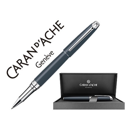 ROLLER CARAN D'ACHE LEMAN PAVONADO GRIS ADORNOS CHAPADO PLATEADO RODIADO CON ESTUCHE PUNTA MEDIA