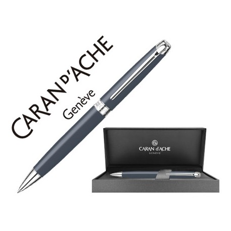 BOLIGRAFO CARAN D'ACHE LEMAN PAVONADO GRIS ADORNOS CHAPADO PLATEADO RODIADO CON ESTUCHE PUNTA MEDIA