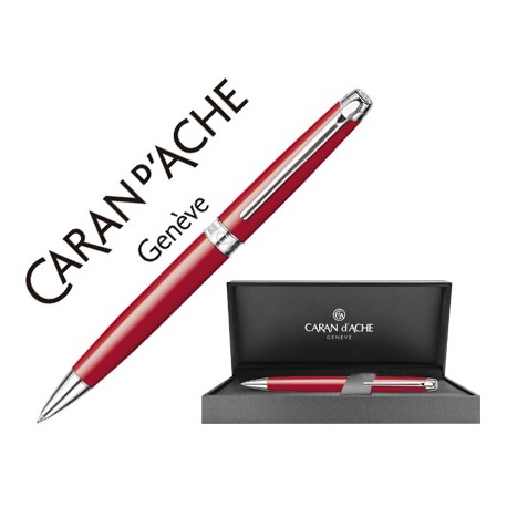 BOLIGRAFO CARAN D'ACHE LEMAN LACA CHINA ROJA ESCARLATA ADORNOS PLATEADOS RODIADOS CON ESTUCHE PUNTA