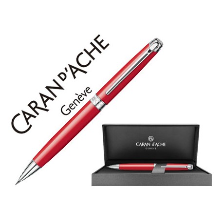 PORTAMINAS CARAN D'ACHE LEMAN 0,7 MM LACA CHINA ROJA ESCARLATA ADORNOS PLATEADOS RODIADOS CON ESTUCH
