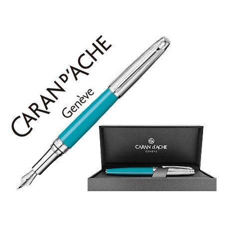 PLUMA CARAN D'ACHE LEMAN BICOLOR LACA CHINA TURQUESA CAPUCHON Y ADORNOS PLATEADOS RODIADOS PLUMIN OR