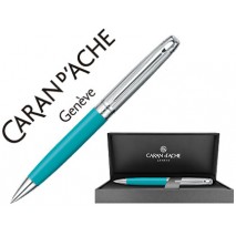 BOLIGRAFO CARAN D'ACHE LEMAN BICOLOR LACA CHINA TURQUESA CAPUCHON Y ADORNOS PLATEADOS RODIADOS CON E