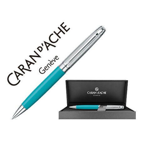 BOLIGRAFO CARAN D'ACHE LEMAN BICOLOR LACA CHINA TURQUESA CAPUCHON Y ADORNOS PLATEADOS RODIADOS CON E