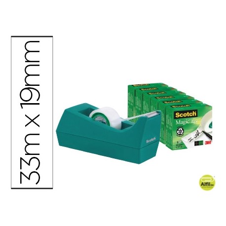 PORTARROLLO SOBREMESA SCOTCH COLOR VERDE DE 19 MM X 33 MT INCLUYE 6 ROLLOS DE CINTA MAGIC