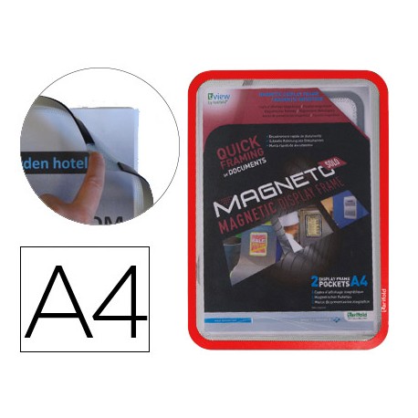 MARCO PORTA ANUNCIOS TARIFOLD MAGNETO DIN A4 CON 4 BANDAS MAGNETICAS EN EL DORSO COLOR ROJO PACK DE