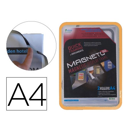 MARCO PORTA ANUNCIOS TARIFOLD MAGNETO DIN A4 CON 4 BANDAS MAGNETICAS EN EL DORSO COLOR NARANJA PACK