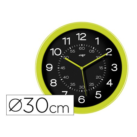 RELOJ CEP DE PARED PLASTICO OFICINA REDONDO 30 CM DE DIAMETRO COLOR VERDE Y ESFERA COLOR NEGRO