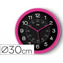 RELOJ CEP DE PARED PLASTICO OFICINA REDONDO 30 CM DE DIAMETRO COLOR ROSA Y ESFERA COLOR NEGRO