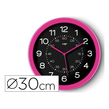 RELOJ CEP DE PARED PLASTICO OFICINA REDONDO 30 CM DE DIAMETRO COLOR ROSA Y ESFERA COLOR NEGRO