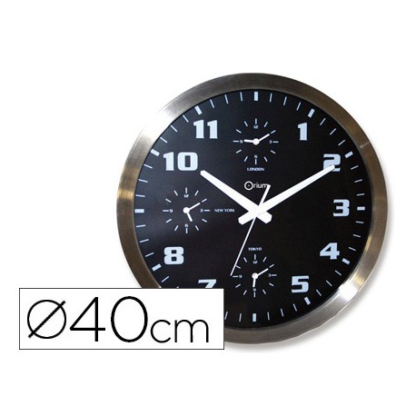 RELOJ CEP DE PARED CROMADO OFICINA REDONDO 40 CM DE DIAMETRO CON 4 HORARIO DEL MUNDO