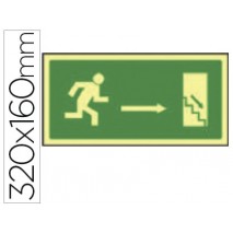 PICTOGRAMA SYSSA SEÑAL DE SALIDA EMERGENCIA DERECHA ESCALERA BAJANDO EN PVC FOTOLUMINISCENTE 320X160