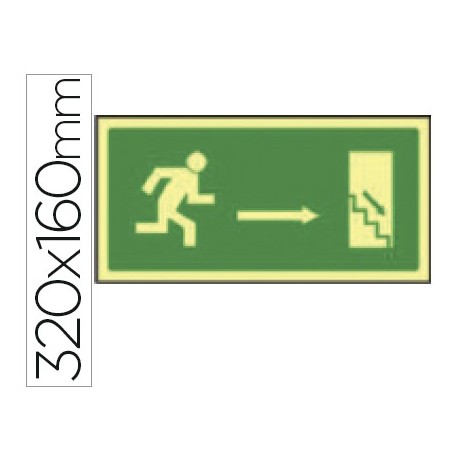 PICTOGRAMA SYSSA SEÑAL DE SALIDA EMERGENCIA DERECHA ESCALERA BAJANDO EN PVC FOTOLUMINISCENTE 320X160