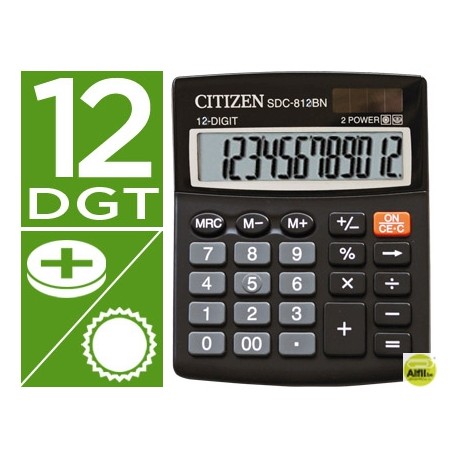 CALCULADORA CITIZEN SOBREMESA SDC-812 BN ECO EFICIENTE SOLAR Y A PILAS 12 DIGITOS 124 X 102 X 25 MM