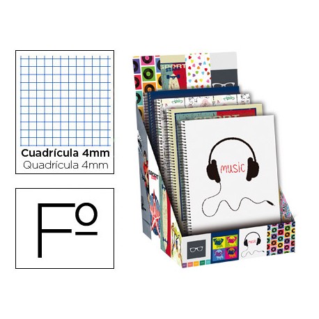 BLOC ESPIRAL LIDERPAPEL FOLIO 80 HOJAS CUADRO 4MM FANTASIA EXPOSITOR DE 40 UNIDADES SURTIDAS 2015