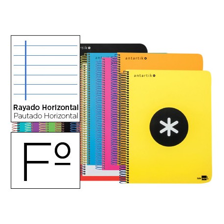 BLOC ESPIRAL LIDERPAPEL FOLIO ANTARTIK TAPA EXTRADURA 80 H 100G HORIZONTAL CON MARGEN COLORES SURTID