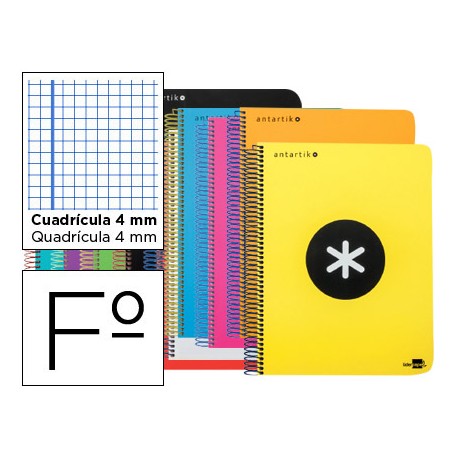BLOC ESPIRAL LIDERPAPEL FOLIO ANTARTIK TAPA EXTRADURA 80 H 100G CUADRO 4 MM CON MARGEN COLORES SURTI