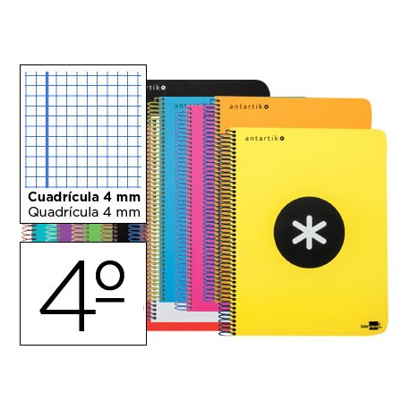 BLOC ESPIRAL LIDERPAPEL CUARTO ANTARTIK TAPA EXTRADURA 80 H 100G CUADRO 4 MM CON MARGEN COLORES SURT