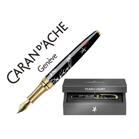 PLUMA CARAN D'ACHE YEAR OF THE GOAT 2015 LACADA NEGRA SOBRE PLATA RODIADA ADORNOS DE ORO Y PLUMIN DE