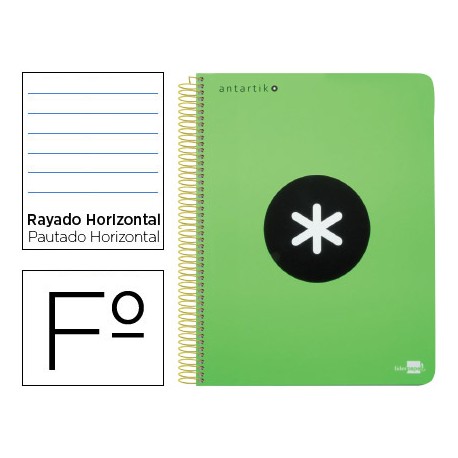 BLOC ESPIRAL LIDERPAPEL FOLIO ANTARTIK TAPA POLIPROPILENO 80H 100G HORIZONTAL CON MARGENCOLOR VERDE