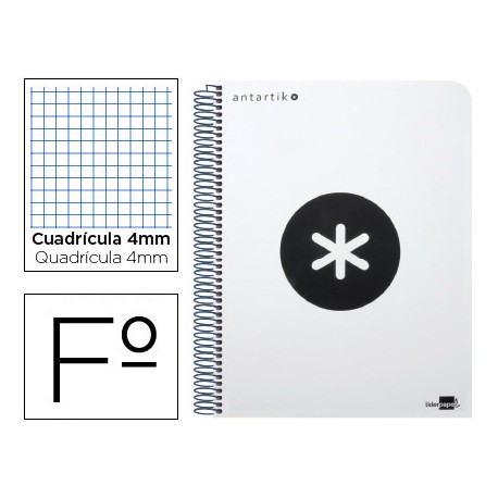 BLOC ESPIRAL LIDERPAPEL FOLIO ANTARTIK TAPA POLIPROPILENO 80 H 100G CUADRO 4MM CON MARGEN COLOR BLAN