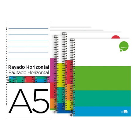 BLOC ESPIRAL LIDERPAPEL A5 MICRO DREAM TAPA EXTRADURA 140H 80G HORIZONTAL 5 BANDAS 6 TALADROS COLORE