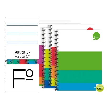 BLOC ESPIRAL LIDERPAPEL FOLIO DREAM TAPA EXTRADURA 80 H 80G PAUTA 2,5MM CON MARGEN COLORES SURTIDOS