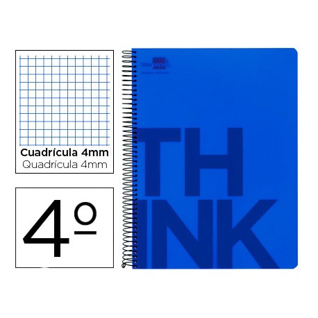 BLOC ESPIRAL LIDERPAPEL CUARTO THINK TAPA POLIPROPILENO 80 H 80G CUADRO 4 MM CON MARGEN COLOR AZUL