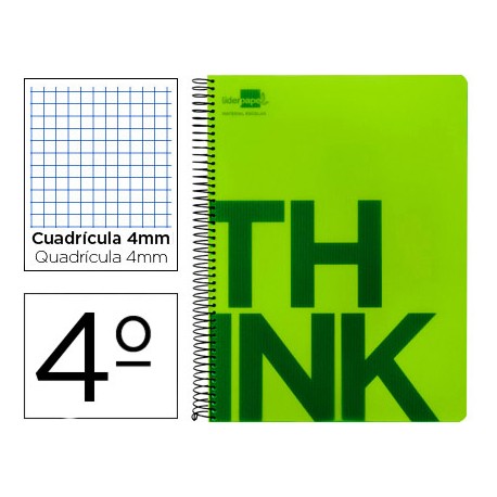 BLOC ESPIRAL LIDERPAPEL CUARTO THINK TAPA POLIPROPILENO 80 H 80G CUADRO 4 MM CON MARGEN COLOR VERDE