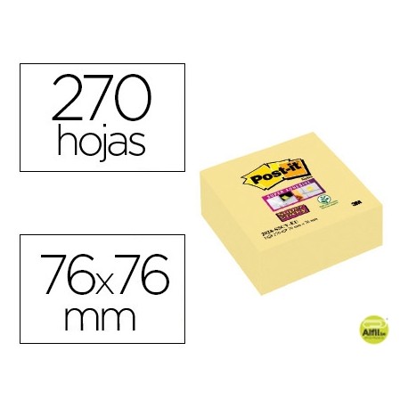 BLOC DE NOTAS ADHESIVAS QUITA Y PON POST-IT SUPER STICKY 76X76 MM CUBO CON 270 HOJAS AMARILLO CANARI