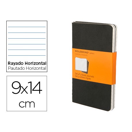 LIBRETA MOLESKINE TAPA DURA RAYADO HORIZONTAL 64 HOJAS 16 HOJAS DESMONTABLES COLOR NEGROPACK DE 3 UN