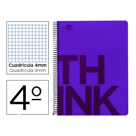 BLOC ESPIRAL LIDERPAPEL CUARTO THINK TAPA POLIPROPILENO 80 H 80G CUADRO 4 MM CON MARGEN COLOR VIOLET