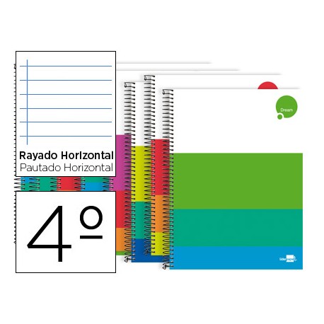BLOC ESPIRAL LIDERPAPEL CUARTO DREAM TAPA EXTRADURA 80H 80G HORIZONTAL CON MARGEN COLORES SURTIDOS