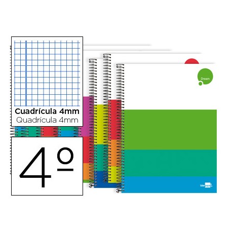 BLOC ESPIRAL LIDERPAPEL CUARTO DREAM TAPA EXTRADURA 80H 80G CUADRO 4 MM CON MARGEN COLORES SURTIDOS