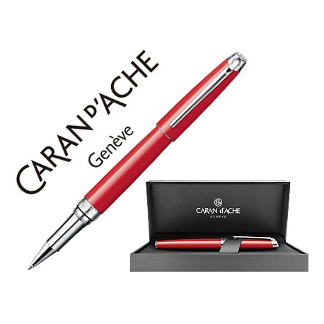 ROLLER CARAN D'ACHE LEMAN LACA CHINA ROJA ESCARLATA ADORNOS PLATEADOS RODIADOS CON ESTUCHE PUNTA MED