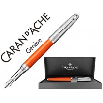 PLUMA CARAN D'ACHE LEMAN BICOLOR LACA CHINA AZAFRAN CAPUCHON Y ADORNOS PLATEADOS RODIADOS PLUMIN ORO