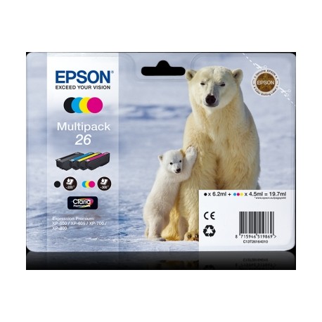 PACK EPSON 26XP 600 / 605 / 700 / 800 AMARILLO CIAN MAGENTA NEGRO -300 PAG-