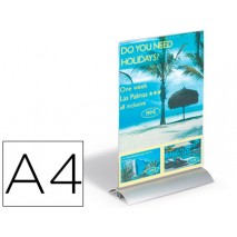 EXPOSITOR SOBREMESA DURABLE DOS CARAS CON FORMA T METACRILATO CON BASE DE ALUMINIO 323X212X85 MM