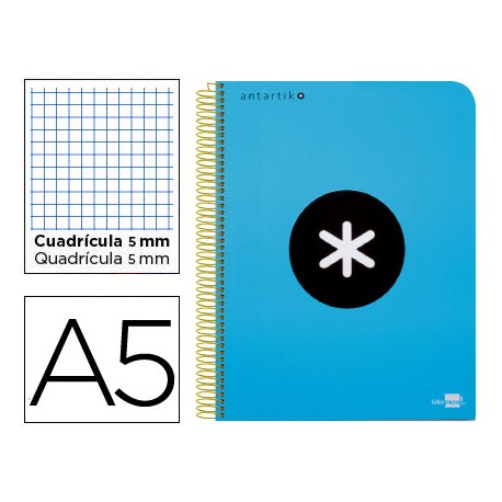 BLOC ESPIRAL LIDERPAPEL A5 MICRO ANTARTIK TAPA POLIPROPILENO 120 H 100G CUADRO 5MM 5 BANDAS 6 AZUL