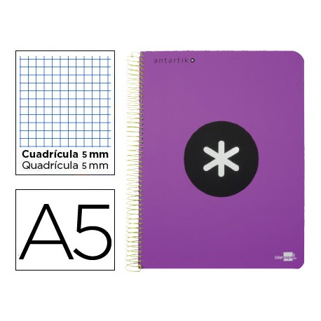BLOC ESPIRAL LIDERPAPEL A5 MICRO ANTARTIK TAPA POLIPROPILENO 120 H 100G CUADRO 5MM 5 BANDAS 6VIOLETA