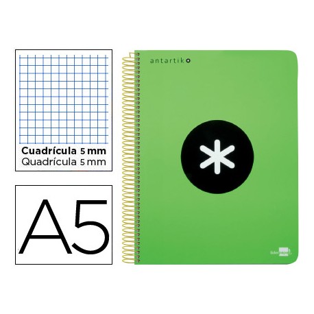BLOC ESPIRAL LIDERPAPEL A5 MICRO ANTARTIK TAPA POLIPROPILENO 120 H 100G CUADRO 5MM 5BANDAS 6T VERDE