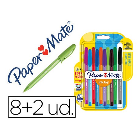 BOLIGRAFO PAPER MATE INKJOY 100 PUNTA MEDIA TRAZO 1 MM PACK 8 + 2 UNIDADES COLORES SURTIDOS