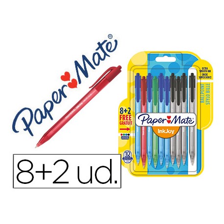 BOLIGRAFO PAPER MATE INKJOY 100 RETRACTIL PUNTA MEDIA TRAZO 1 MM PACK 8 + 2 UNIDADES COLORES SURTIDO