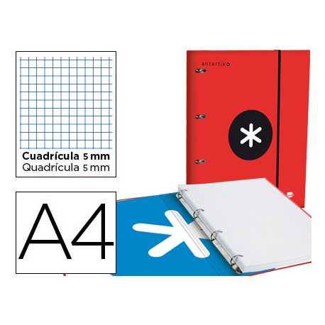 CARPETA CON RECAMBIO LIDERPAPEL ANTARTIK A4 CUADRO 5 MM FORRADA 4 ANILLAS 25MM COLOR ROJO